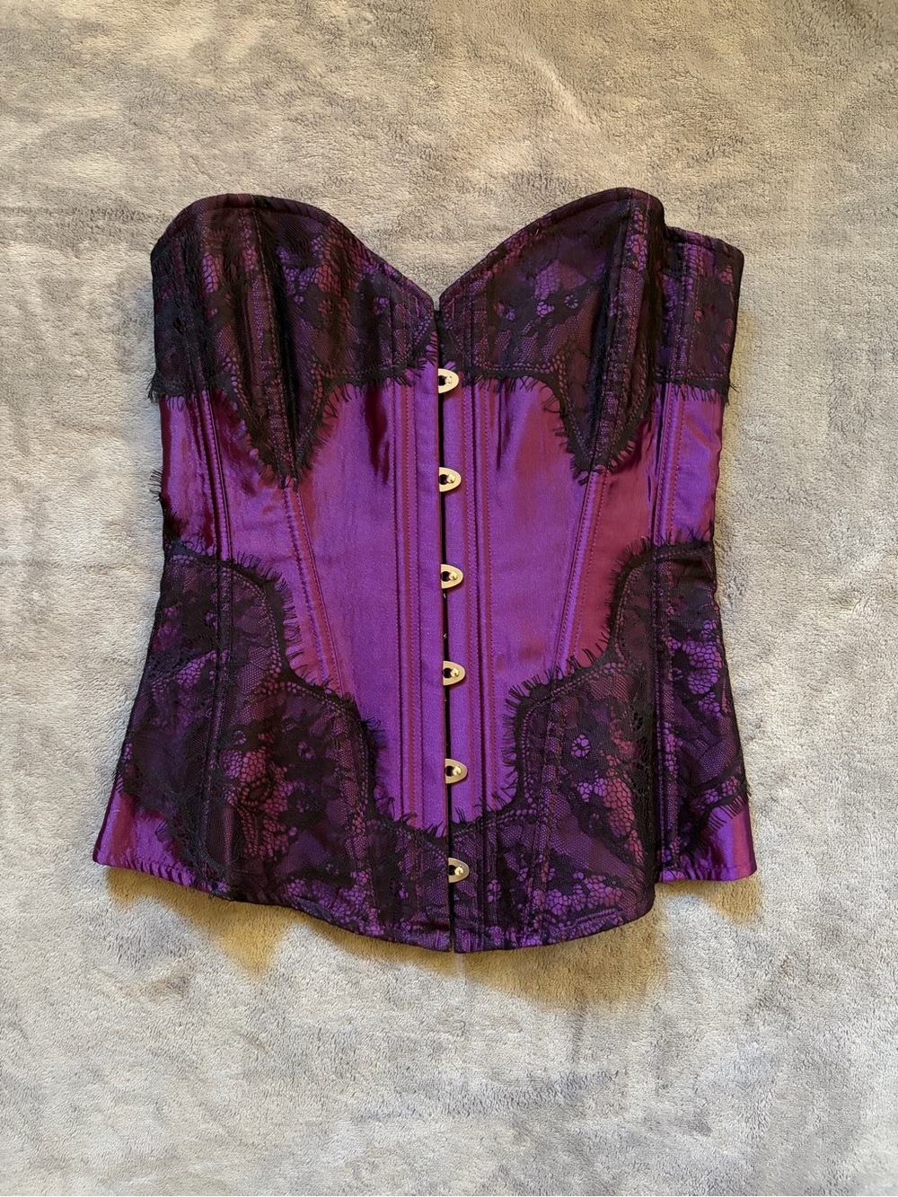 Adore Me Purple Satin lace-up corset top with Black Lace Trim